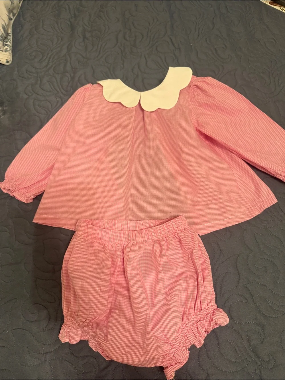 Pink Gingham Kids 2 Piece Set with White Peter Pan Collar Stitchy Fish 24 months